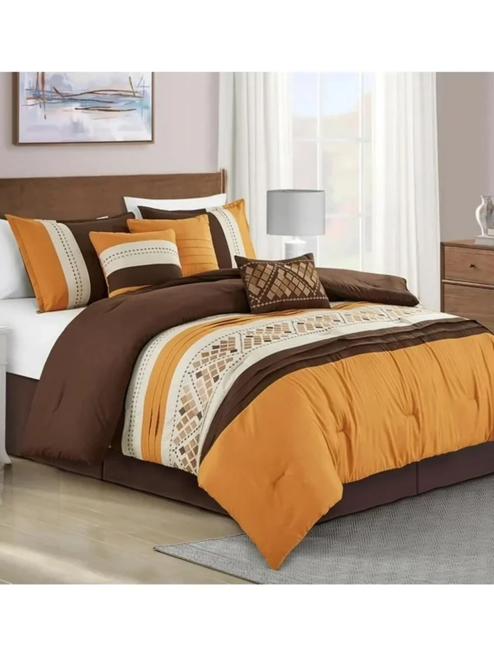Brown & Mustard Orange 3 Piece cal king Comforter Set